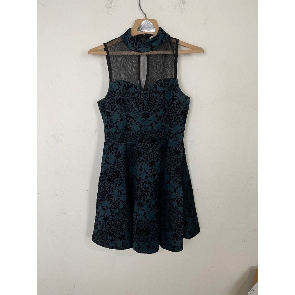 Charlotte‎ Russe Women Dress Medium Teal Black Velvet Mesh Emo Goth Punk Burnout
